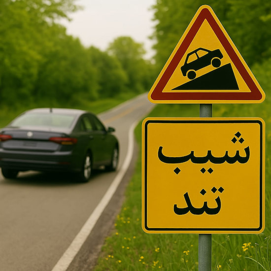 تصویر ماشین که در سرازیری خلاص کرده است با علامت راهنمایی شیب تند